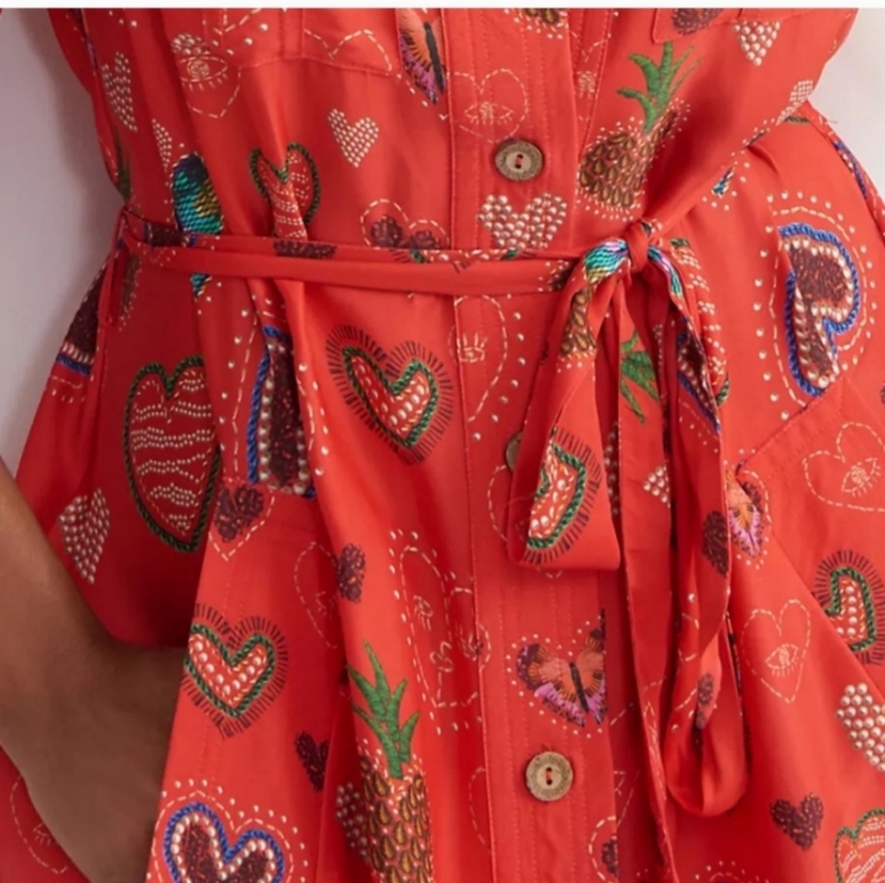 Farm Rio Conversational Hearts Midi‎ Shirtdress Belted Long Sleeve - Picture 4 of 10